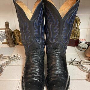 Custom Shop Black & Blue FULL QUILL Leather Western Cowboy Boots 10E Vintage USA